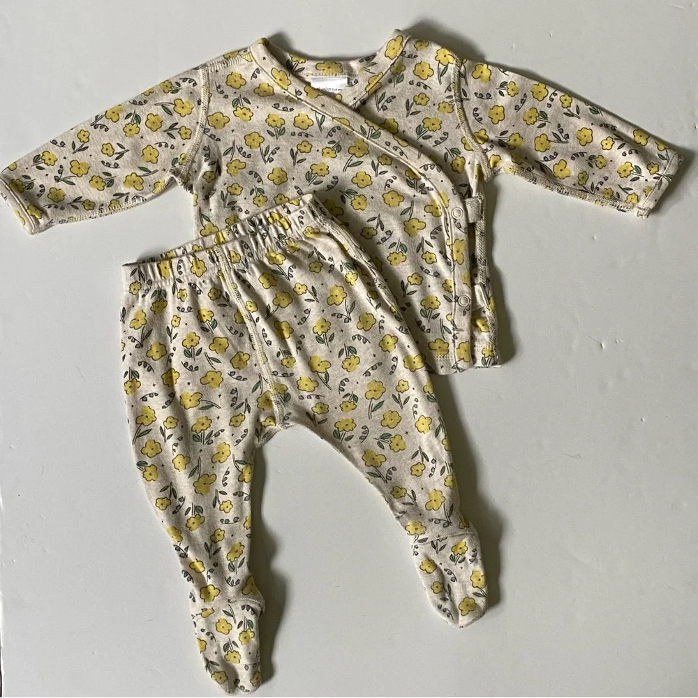 Hanna Andersson Outfit Size 3 6 Months Kimono Floral 2-Piece Yellow Flowers EUC